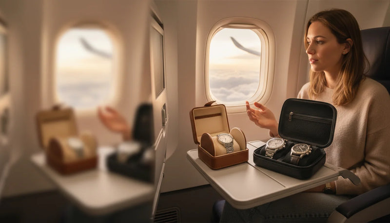 Watch roll 1 montre vs étui coque 1 montre : cabine avion - Image de couverture